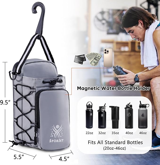 Magnetic Gym Bag for Water Bottle – Fits Up to 46oz, Sling Water Bottle Holder with Strap & Phone Pocket, Magnetic Workout Bag for Gym, Fitness, Outdoor, Men & Women