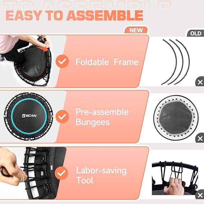 BCAN BT2 450/550LBS Mini Rebounder Trampoline for Adults with Bar, Fitness Trampoline with Bungees, Adjustable Handle, Stable & Quiet, Indoor Outdoor, Whole-Body Workout & Relaxation at Home-40IN/48IN
