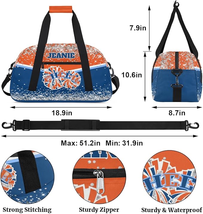 Personalized Cheer Gym Bags for Girls Kids Cheerleaders with Custom Name Sport Dance Perform Training Duffel Bags for Overnight Weekender Travel Orange Blue