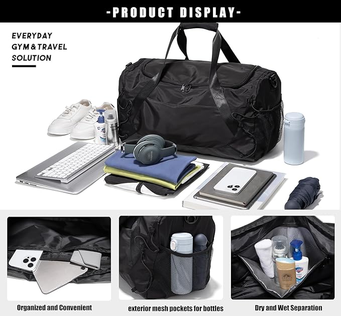 Gym Bag for Women Men Duffle Bag for Travel with Shoes Compartment and Wet Pocket Small Carry on Weekender Bags for Sports Overnight Fitness Yoga Dance Workout Swimming Hospital Tote (Black)