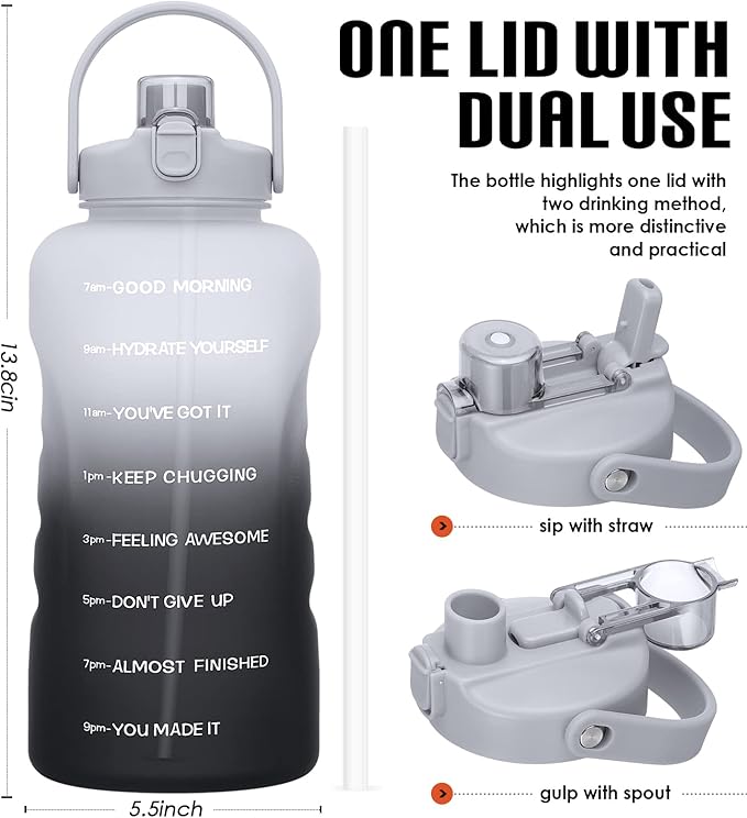 HydroPal 1 Gallon Water Bottles with Straw, 128 oz Water Bottle BPA Free Innovative 2-IN-1 Lid Gym Bottle with Times to Drink Motivational, Large for Sports Fitness Camping Water Jug （13.8X5.5 inch）