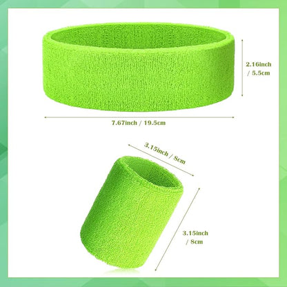 24 Pieces 80s Neon Sweatbands Set, Include 8 Sports Headbands and 16 Sweat Wristbands Elastic Athletic Tennis Sweat Bands Bulk for Man Woman