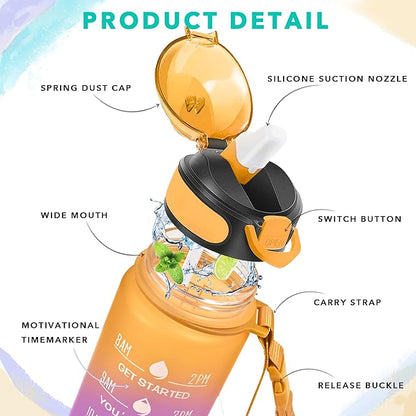 Enerbone 32 oz Water Bottle with Times to Drink and Straw, Motivational Drinking Water Bottles with Carrying Strap, Leakproof BPA & Toxic Free, Ensure You Drink Enough Water for Fitness Gym Outdoor