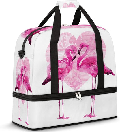 Couple Flamingo Foldable Travel Duffel Bag Tote Carry On Luggage Sports Gym Bag With Shoe Compartment For Woman Man Overnight Weekend Yoga Workout Training Handbag