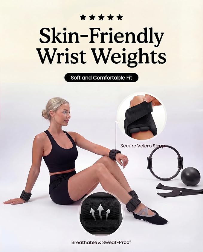 Pilates Equipment Kit for Home Workout, Pilates Kit, Pilates Ring Set, Pilates Ball, Adjustable Ankle And Wrist Weights, Resistance Bands, Grip Socks, Instruction Guides, Essential Starter Set, Black