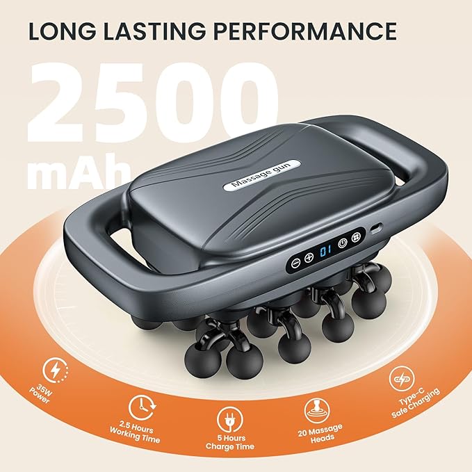 20-Head Massage Gun Set, Back Massager for Pain Relief Deep Tissue, Multi Head Ball Massager Gun for Body, Butt, Lower Back, Leg, Arm, Foot - 3 Modes 30 Speeds - Gifts for Men, Women, Dad, Mom