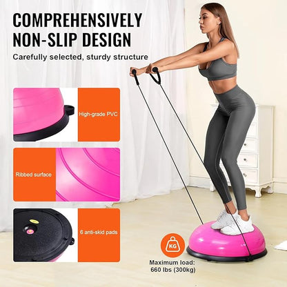 Half Exercise Ball Trainer 23 inch Balance Ball Trainer 1500lbs Capacity Stability Ball with Resistance Bands & Foot Pump, Strength Fitness Ball for Home Gym Full Body Workout