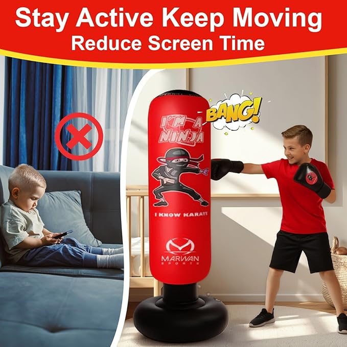 Marwan Sports Punching Bag for Kids with Boxing Gloves Ages 4-12 – 63" Inflatable Boxing Bag for Kids, Fast Rebound Set, Christmas & Birthday Gift for Boys & Girls