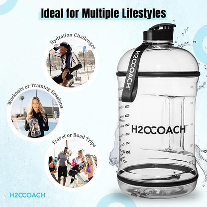 H2OCOACH 1 Gallon Hydration Jug with Time Marker & Measurements, BPA-Free Tritan Sports Drink Container, Motivational Daily Intake Tracker for Gym, Workout, & Fitness Routines (128 oz)