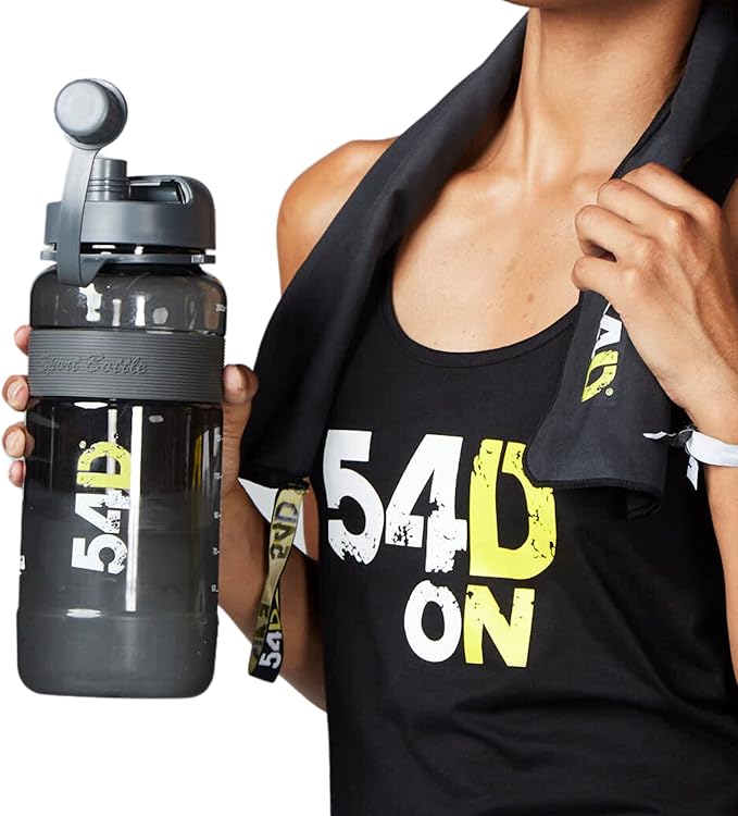 54D SPORTS WATER BOTTLE, Half Gallon Water Bottle with Time Marker, Motivational Water Bottle with Straw, for Fitness and Outdoor Activities