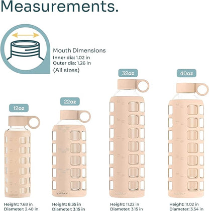 purifyou 40oz / 32oz / 22oz / 12oz Borosilicate Glass Water Bottle with Time & Volume Markers, Silicone Sleeve, Stainless Steel Lid | Reusable Glass Bottle for Water & Juice (22oz Hazelnut)