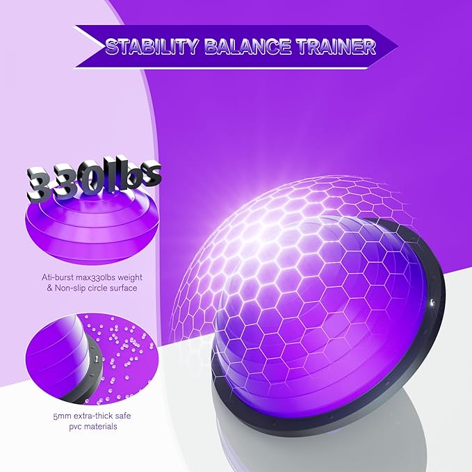 Half Balance Ball Trainer - 23 Inch Half Exercise Ball for Workout, Physical Therapy, Yoga, Home Gym, Core Strength, Stability, Fitness, Balance Training Equipment with Resistance Bands, Foot Pump