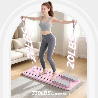 Multifunctional Pilates Board, Pilates Reformer Sets 7-in-1 Foldable Pilates Reformer Machine for Home Workout with Timer, Phone Holder, Push-up Bar, Ab Board, 330LBS Capacity Portable Set