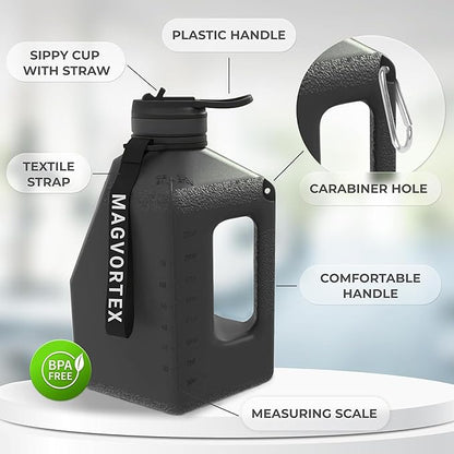 91oz Gym Daily Water Bottle Black – Large BPA-Free PETG Jug with Magnetic Plate Phone Mount, Leakproof Flip-Top Lid, Wide Mouth for Ice, Straw, Carry Strap, Stable Base, Time Marker