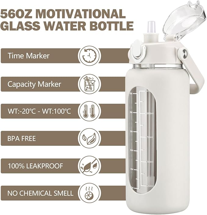 kytffu 56oz Glass Water Bottles with Straw, Motivational Glass Bottle with Silicone Sleeve and Time Marker, Leakproof Large Glass Water Jug for Gym Home Office,White