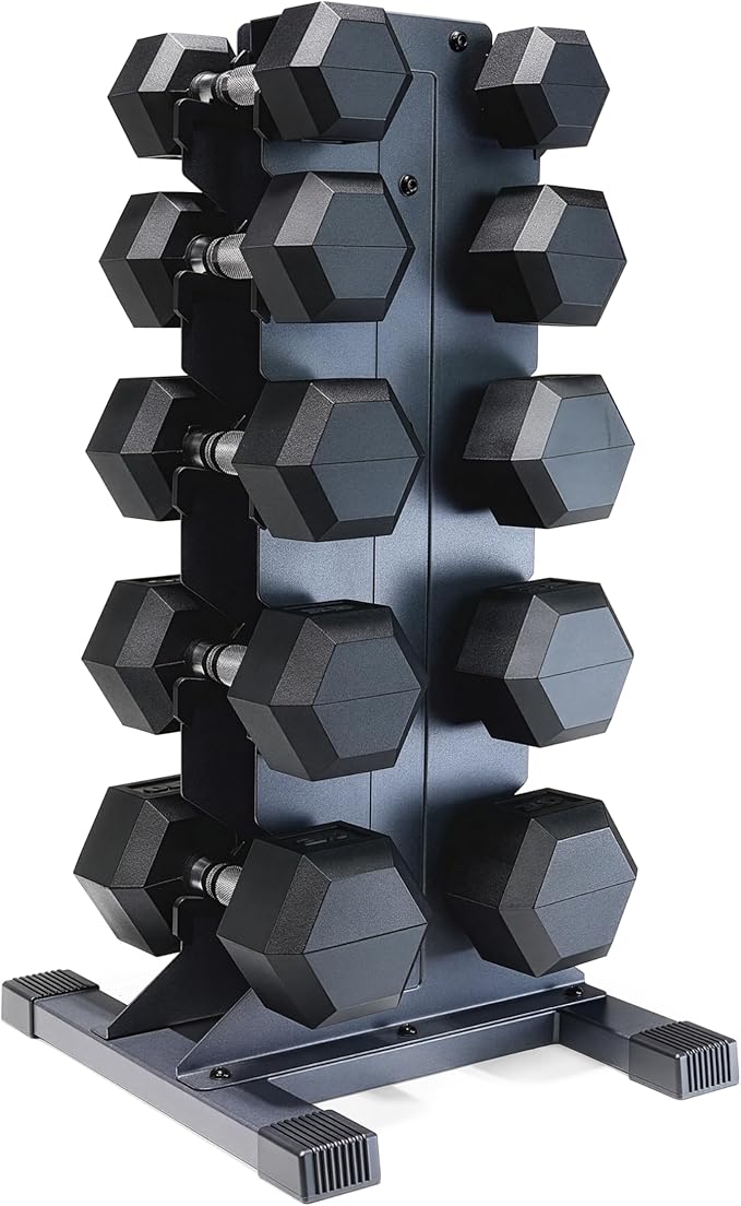 CAP Barbell Rubber Coated Hex Dumbbell Set with Vertical Rack | 100-300 lbs Free Weights Dumbbells Set for Home Gym | Multiple Options