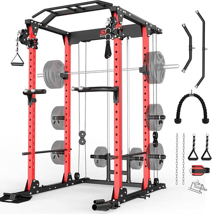 SunHome Power Cage Squat Rack, Power Rack with Pulley System, Adjustable Cable Crossover System, J-Hooks, Dip Handles, Weight Plate Storage