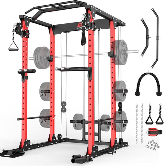 SunHome Power Cage Squat Rack, Power Rack with Pulley System, Adjustable Cable Crossover System, J-Hooks, Dip Handles, Weight Plate Storage