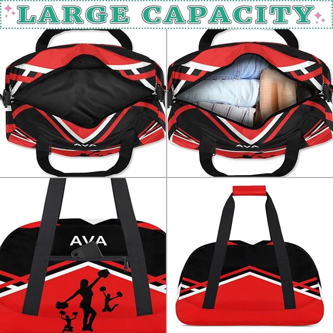 Personalized Cheerleading Dance Bag for Girls, Custom Name Sport Barrel Gym Bag Weekender Bags Carry On Travel Duffel Workout Training Bag, Red Black Cheerleaders Silhouette