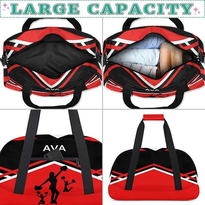 Personalized Cheerleading Dance Bag for Girls, Custom Name Sport Barrel Gym Bag Weekender Bags Carry On Travel Duffel Workout Training Bag, Red Black Cheerleaders Silhouette