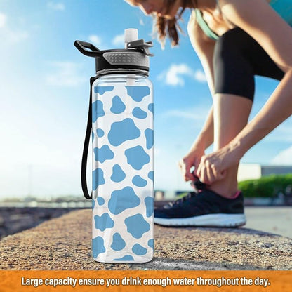 Fustylead Blue Cow Print Tritan Water Bottle with Straw and Lids, 32 oz Reusable BPA Free Sport Water Bottle for Gym Camping Hiking Travel