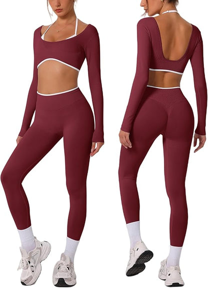 ABOCIW Workout Sets for Women Long Sleeve Crop Top Scrunch Butt Lifting High Waist Leggings 2 Piece Gym Yoga Outfits