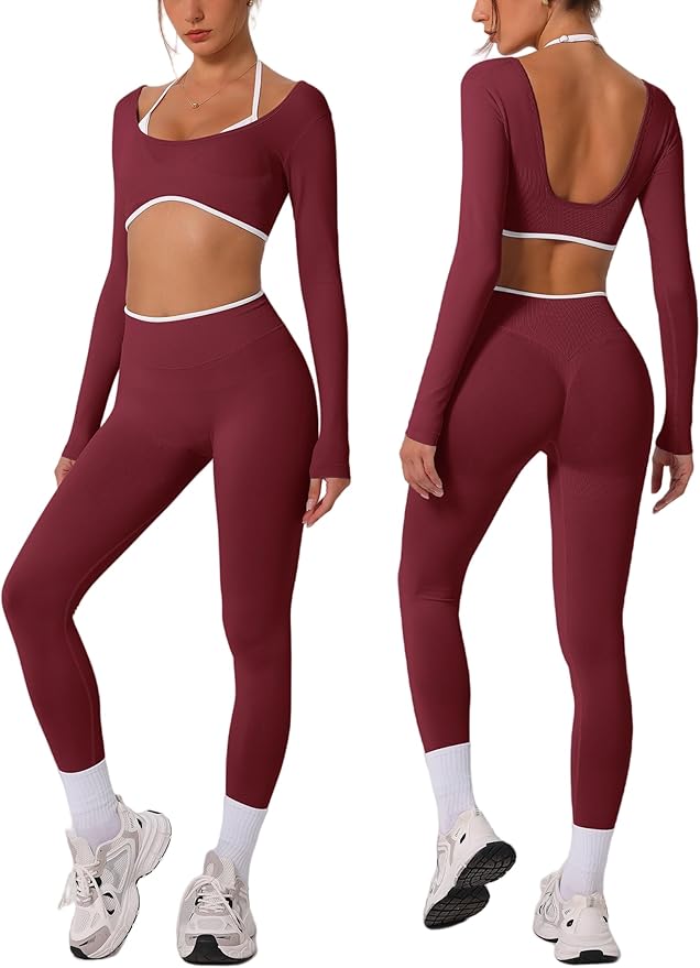 ABOCIW Workout Sets for Women Long Sleeve Crop Top Scrunch Butt Lifting High Waist Leggings 2 Piece Gym Yoga Outfits