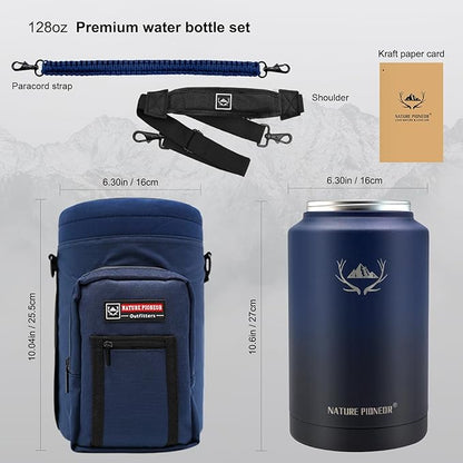 NATURE PIONEOR 1 Gallon Insulated Water Bottle - Double Vacuum Stainless Steel 128 oz Water Bottle with Holder/Carrier, Wide Mouth 1 gallon Water Jug for Outdoor Sports, Hiking, Camping, Gym