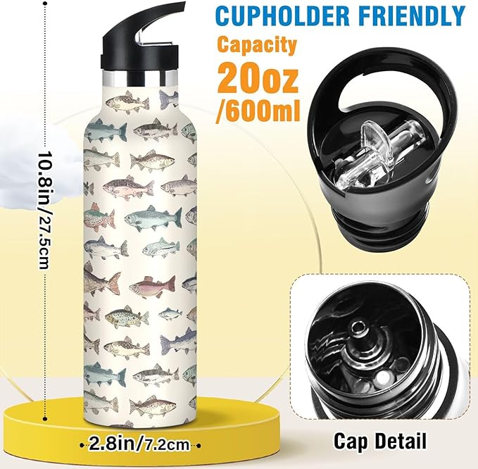 Sport Water Bottle 20 oz Vintage Fishes Kids Stainless Steel Vacuum Insulated Water Flask for Gym School