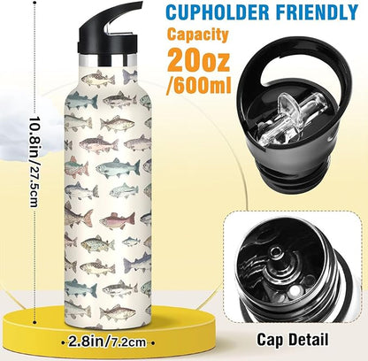 Sport Water Bottle 20 oz Vintage Fishes Kids Stainless Steel Vacuum Insulated Water Flask for Gym School