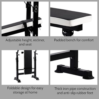 BalanceFrom Steel Weight Bench w/ Squat Rack in Multiple Colors, 400 lb User Capacity - Foldable Home Gym Equipment for Range of Workouts w/ 6-Position Barbell Holder & Adjustable Seat and Recliner