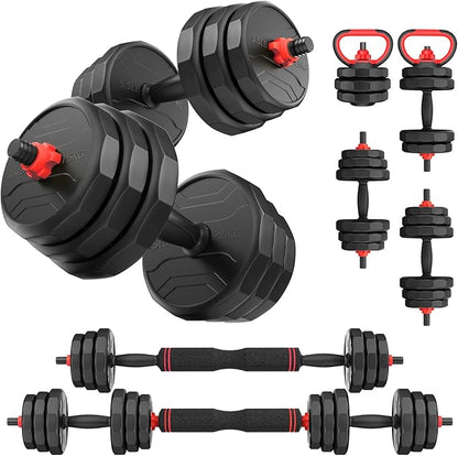Adjustable dumbbell set,20/35/45/55/70/90lbs Free Weights set with upgraded nut, 5 in 1 Weight Set Used as Kettlebells, Barbell, Push up Stand, Fitness Exercise for Home Gym Suitable Men/Women