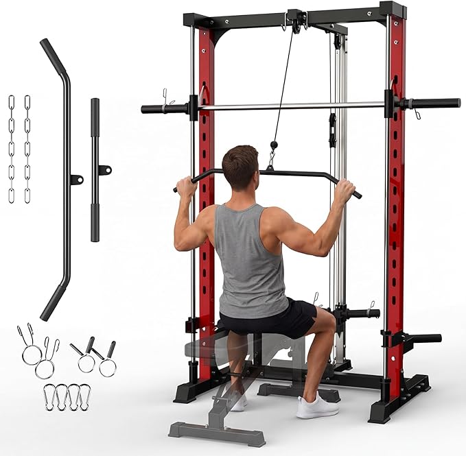 Smith Machine with Bench, Heavy Duty Power Cage Squat Rack with Smith Bar, LAT Pulldown System, Chest Station & More Training Attachment, Home Gym Equipment for Strengthen Training