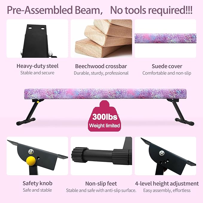 6ft Ultrasimple Adjustable&Foldable Balance Beam,High-Low Floor Beam Suede Gymnastics Equipment,No Tool Require, Gymnastics Beam for Training&Professional HomeTraining