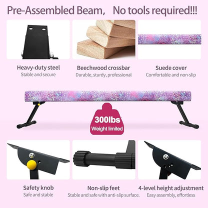 6ft Ultrasimple Adjustable&Foldable Balance Beam,High-Low Floor Beam Suede Gymnastics Equipment,No Tool Require, Gymnastics Beam for Training&Professional HomeTraining