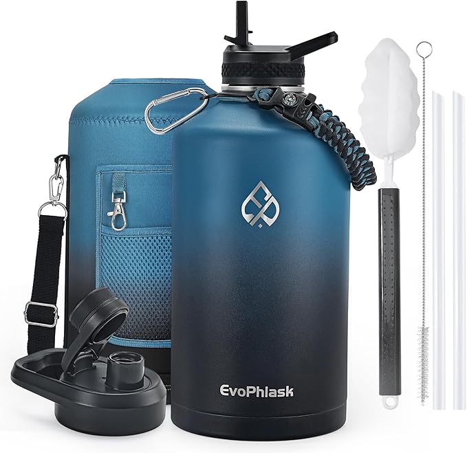 1 Gallon Water Bottle Insulated, Vacuum Stainless Steel Water Bottle Keep Cold 48Hrs, 128 oz Large Gallon Water Jug for Travel, Sport, Gym, Hiking with Carrier Bag, Indigo/Black