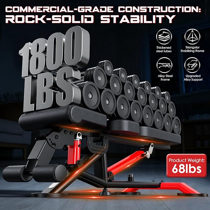 Commercial Adjustable Weight Bench, 1800LBS Heavy Duty Workout Bench for Home Gym Strength Training, Removable Leg Holder for Flat/Incline/Decline Sit Up & Full Body Workout