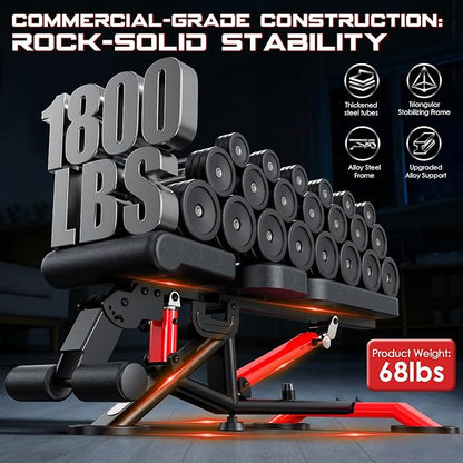 Commercial Adjustable Weight Bench, 1800LBS Heavy Duty Workout Bench for Home Gym Strength Training, Removable Leg Holder for Flat/Incline/Decline Sit Up & Full Body Workout