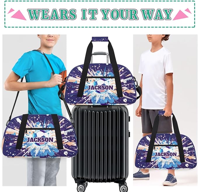 Personalized Soccer Gym Duffel Bags for Kids Boys with Custom Name Sport Training Travel Bags for Overnight Weekender, Purple