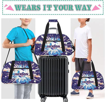 Personalized Soccer Gym Duffel Bags for Kids Boys with Custom Name Sport Training Travel Bags for Overnight Weekender, Purple