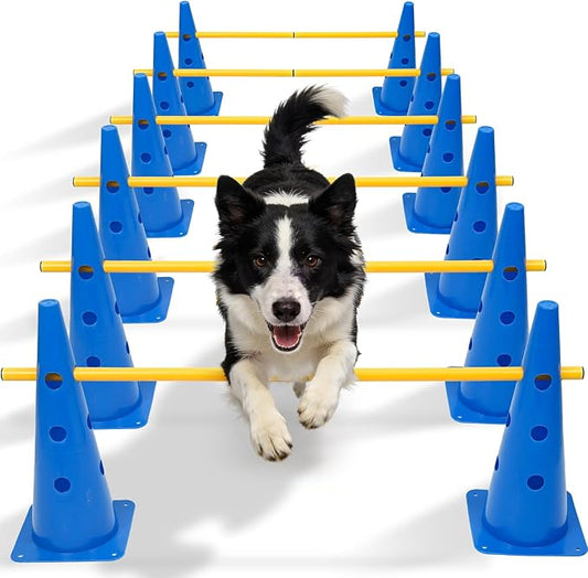Wdmiya 18.9" Dog Agility Training Hurdle Cone Set, Dog Agility Course Backyard Set with Height Adjustable Crossbar, Dog Agility Equipment for Obedience, Rehabilitation, Starter - 12 Cones & 6 Poles