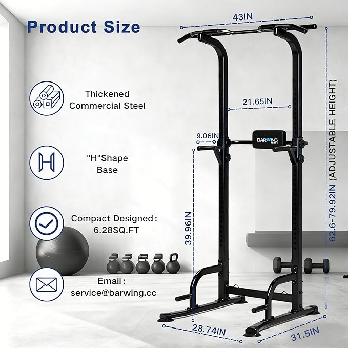 BARWING Pull Up Bar Station, Power Tower, Dip Station with 3D Backrest, Multi-Function Strength Training Stand Rack, Adjustable Height Dip Bar for Home Gym Workout Stand Fitness Exercise Equipment