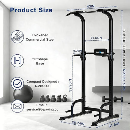 BARWING Pull Up Bar Station, Power Tower, Dip Station with 3D Backrest, Multi-Function Strength Training Stand Rack, Adjustable Height Dip Bar for Home Gym Workout Stand Fitness Exercise Equipment