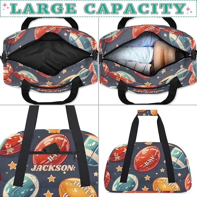 Personalized Football Gym Duffel Bags Boys with Custom Name Kids Pigskin Sport Bags for Training Travel Overnight Weekender