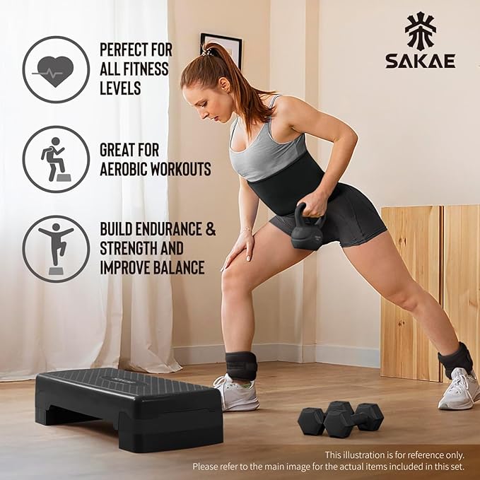 Adjustable Height Aerobic Stepper Set, Multiple Bundle Options with Dumbbells, Kettlebell, Waist Trimmer, Ankle Weights or Weighted Vest, Workout Exercise Step Platform w/Level Risers, 4 Colors
