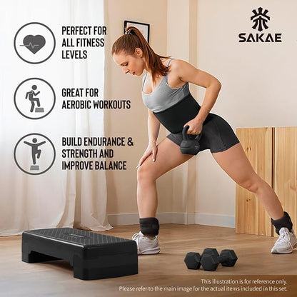 SAKAE Adjustable Aerobic Stepper Kit with Dumbbells & Kettlebell & Weightlifting Belt & Measuring Tape, 2 Level Risers Exercise Step Platform for Home Gym Exercise Fitness Workout, Multiple Colors