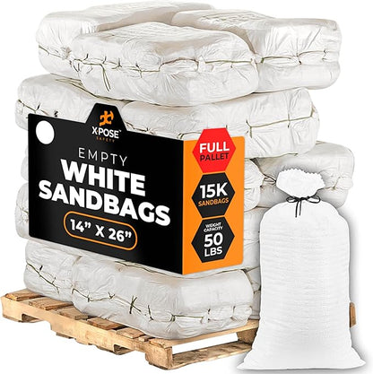 Xpose Safety Heavy Duty Sand Bags with Tie Strings – Empty Woven Polypropylene Sandbags for Hurricane Flood Protection, 50 lb Capacity, 14" x 26", White, Bulk Full Pallet Pack of 15000