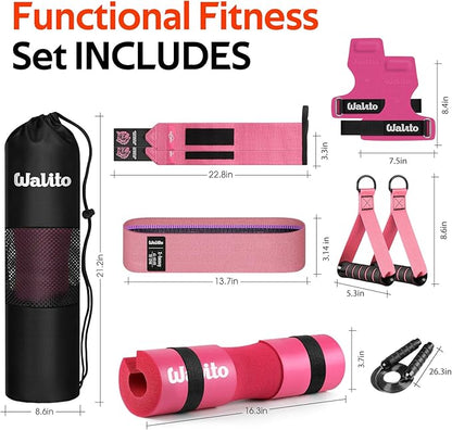 WALITO Barbell Squat Pad Set for Women, 10 Pcs Hip Thrust Gym Equipment with Exercise Handles, Wrist Wraps, Lifting Straps, Booty Band & Jump Rope, Portable Cable Machine Attachments