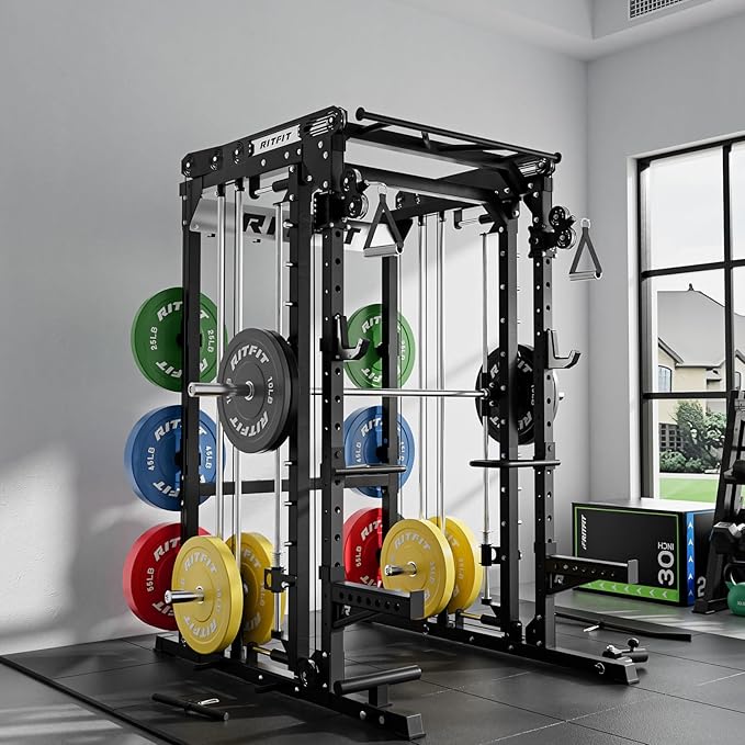 RitFit M2 Smith Machine with with Cable Crossover System, 3D Functional Trainer & Power Cage, 16 Adjustment Holes, 6 Storage Pegs for Full-Body Home Gym