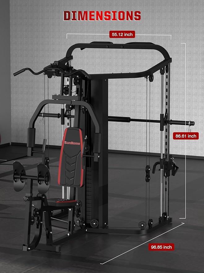 SunHome Multifunction Home Gym Equipment Workout Station, Smith Machine with 138LB Weight Stack, Leg Press, LAT Station for Full Body Training